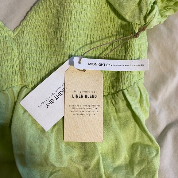 Midnight Sky Linen Blend Peplum Smocked Blouse Top With Puff Sleeves Size Small - Picture 6 of 6